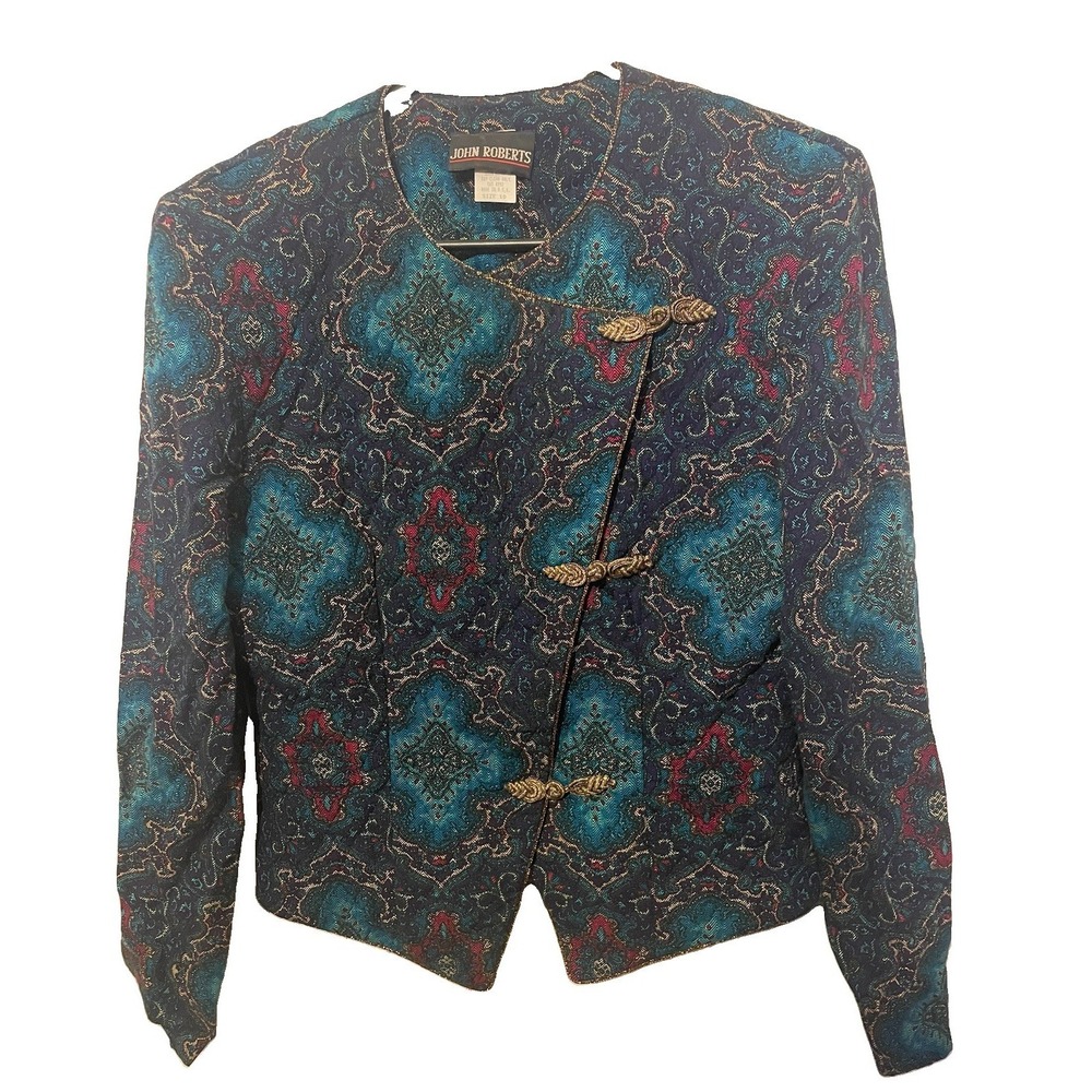 Vintage John Roberts Tapestry Jacket Women's 10 Blue Medallion Frog Closure